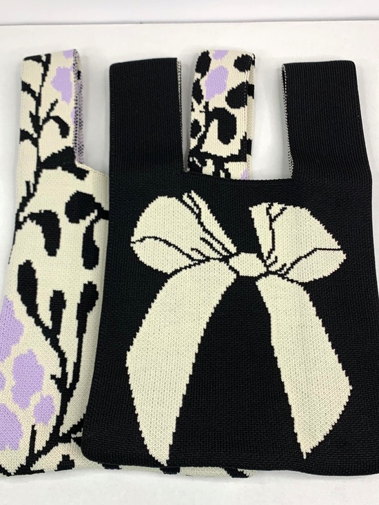 2 knit boho wrists purse totes, black white ribbon and lavender floral pattern - Picture 1 of 14